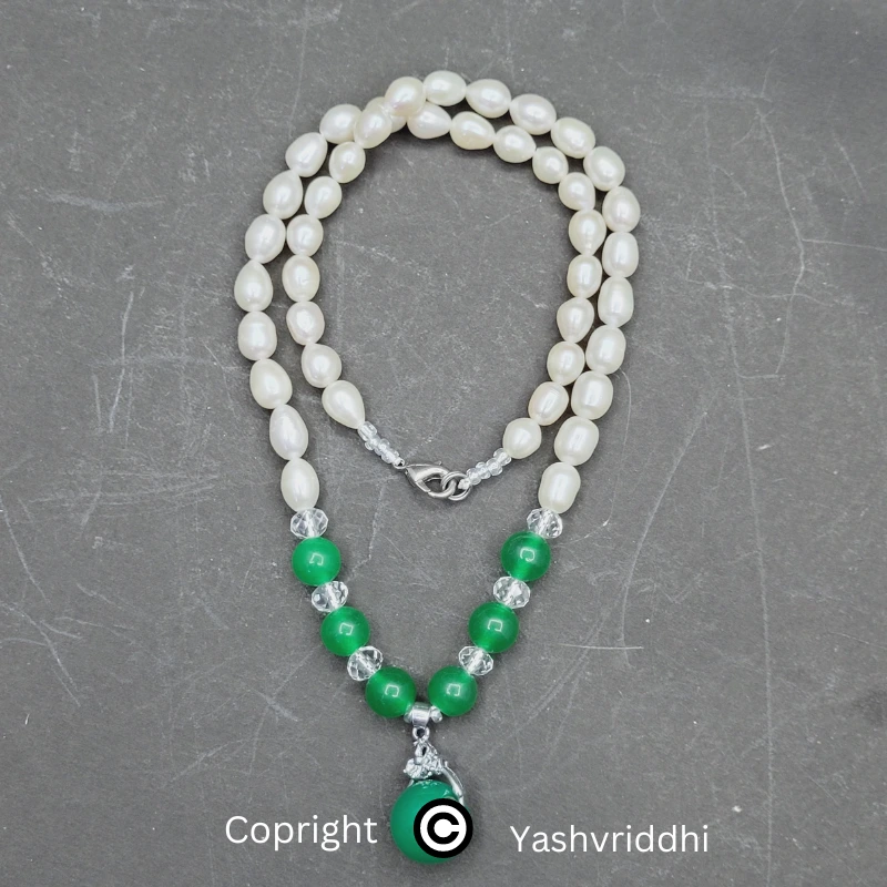 Premium Pearl Necklace With Lucky Stone Green Jade