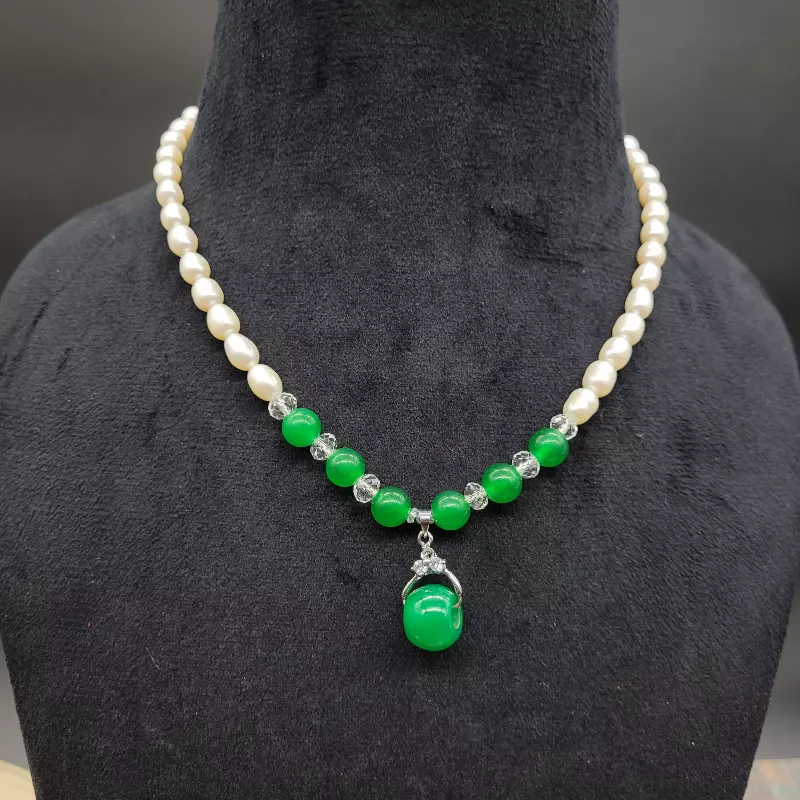 Natural Green Serpentine Round Balls Pearl Beads Silver Chain Necklace –  Saksham Gems
